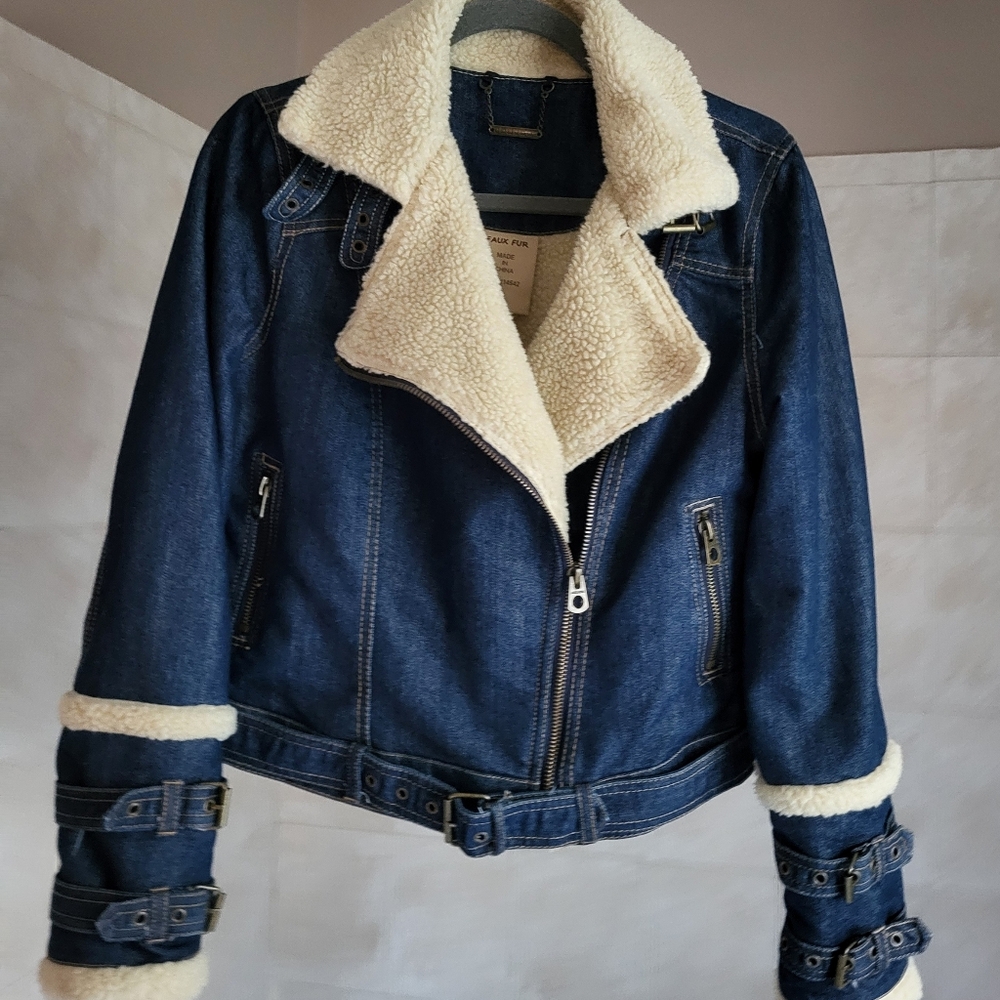 Denim Sherpa-Lined Motorcyle Jacket